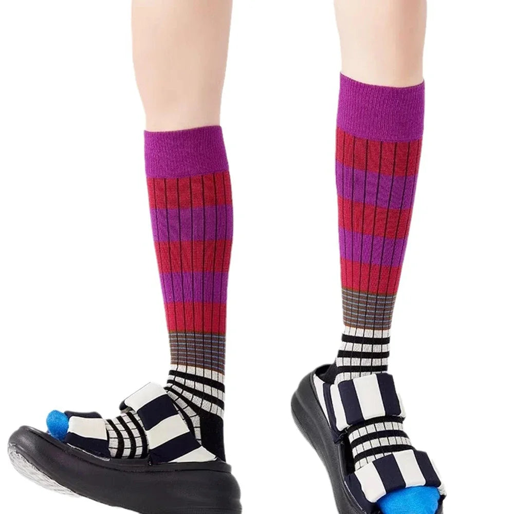 Lbsfy Gradient Striped Autumn Winter Long Socks Woman Colorful Retro Calf Socks Cotton High Tube Stockings Girls Casual Pile Socks