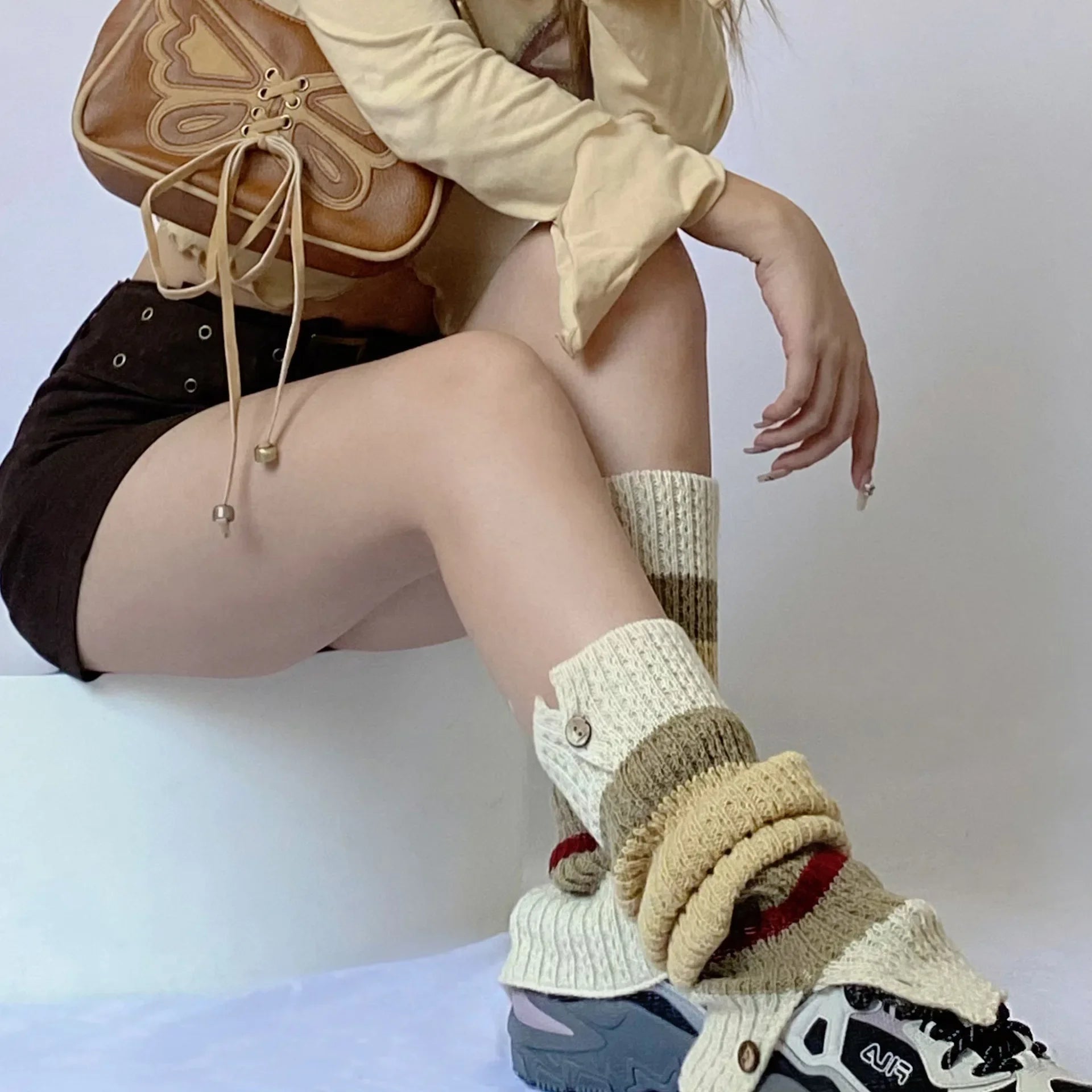 Lbsfy New Retro Leg Warmers Winter Button Opening American Y2K Harajuku Hot Girl Japanese Contrast Color Pile Knitted Wool Long Socks