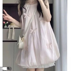 LBSFY -Sweet Pink Butterfly Knot Flower Bud Dress Women's Loose Slimming Short Skirt Summer New Style Student Mini Dress Casual Chic