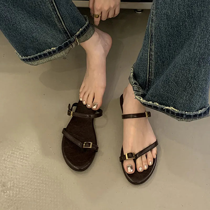 LBSFY  -Vintage Roman Sandals Flat Heel Women Sandals Casual Buckle Strap Summer Shoes Heels Women Shoes Mujer