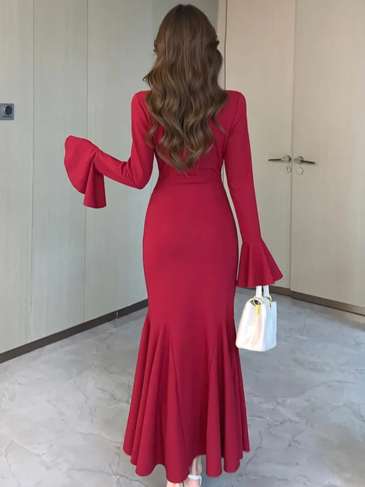 LBSFY -Korean Sexy Mermaid Dress for Women V-Neck Flare Long Sleeves Ruffles Party Dresses Autumn Female Slim Waist Vestidos Long Robe