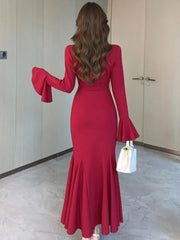 LBSFY -Korean Sexy Mermaid Dress for Women V-Neck Flare Long Sleeves Ruffles Party Dresses Autumn Female Slim Waist Vestidos Long Robe