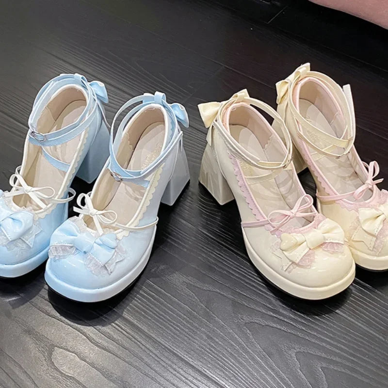 LBSFY -Spring/Autumn New Style Round Toe Square Heel Increased Fashion Elegant High Heel Women's Shoes Bow Decorated Mary Jane Shoes