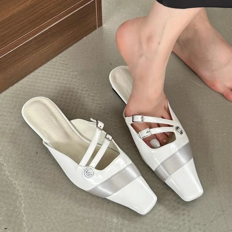 Lbsfy New Summer Woman Slipper Low Heel Elegant Dress Shoes Shallow Comfort Slides Narrow Band Design Sandals Women Pantuflas Mujer