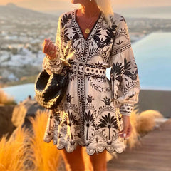 LBSFY  -  Boho Style Pattern Print Retro Party Dress Women Spring V Neck Lace-up Office Mini Dress Autumn Lantern Long Sleeve A-Line Dress