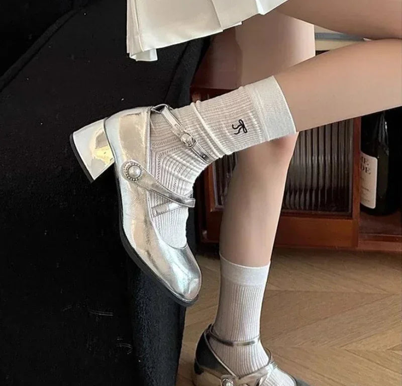 LBSFY -Ladies' Elegant  2025 Spring Style Women's Fashion One Line Buckle with Shallow Mouth Silver Mary Jane Single Shoes Square Heels