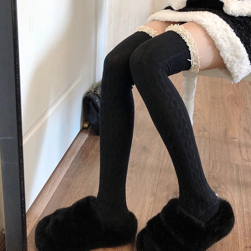 Lbsfy Socks Woman Autumn/Winter Solid Color Thigh High Lace Cute Lolita Thick Warm Stockings Black White Long Leg Socks for Women