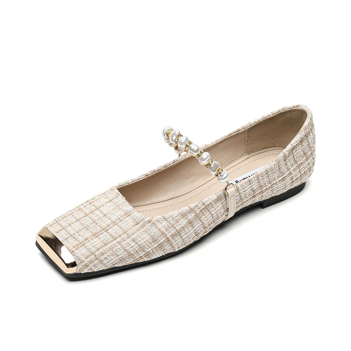 LBSFY -Elegant Tweed Cloth Ballet Shoes Ladies Square Metalic Toe Flats Pearl Beading Loafers Plaid Designer Office Dress Shoes Woman