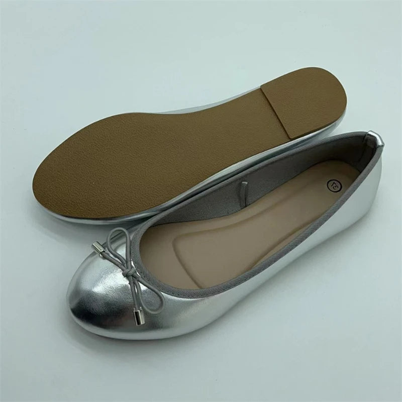 LBSFY -Gold Silver Elegant Bowknot Round Toe Women's Flat Comfort Slip-On Ladies Ballerina Single Mules Shoes Zapatos Mujer