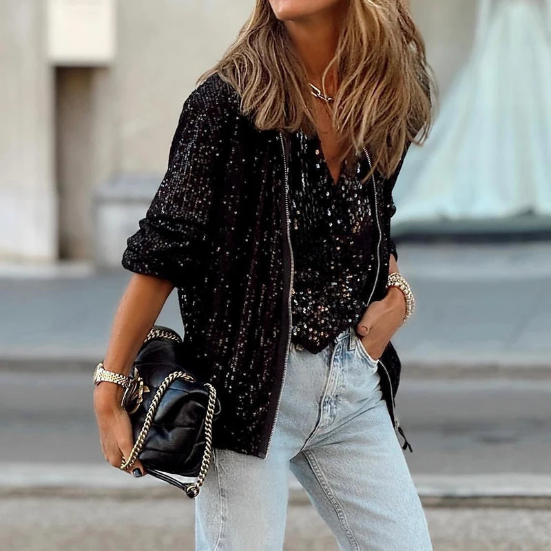 LBSFY  -  Commuter Lady Elegant Zipper Short Jacket Spring Glitter Sequin Shiny Top Cardigan Women Long Sleeve Pocket Autumn Coat Outwears