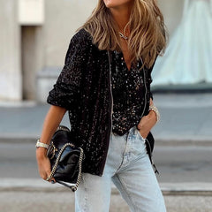 LBSFY  -  Commuter Lady Elegant Zipper Short Jacket Spring Glitter Sequin Shiny Top Cardigan Women Long Sleeve Pocket Autumn Coat Outwears
