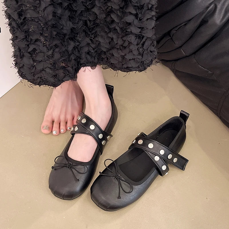 LBSFY -New Style Lolita Dance Shoes for Women Ballet Flats Designer Female Butterfly-Knot Buckle Fashion Silk Ladies Round Toe Shoes