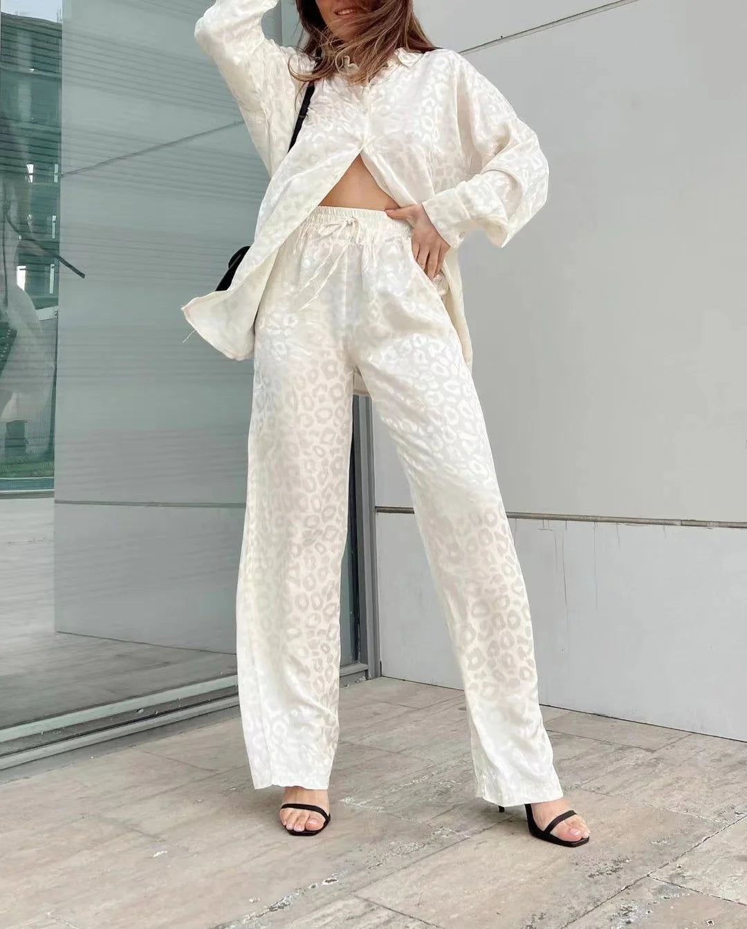 LBSFY  -  2024 Autumn White Satin Wide Leg Trousers Suit For Women Office Leopard Print Two-Piece Set Home Tracksuit Female Pajamas Sets