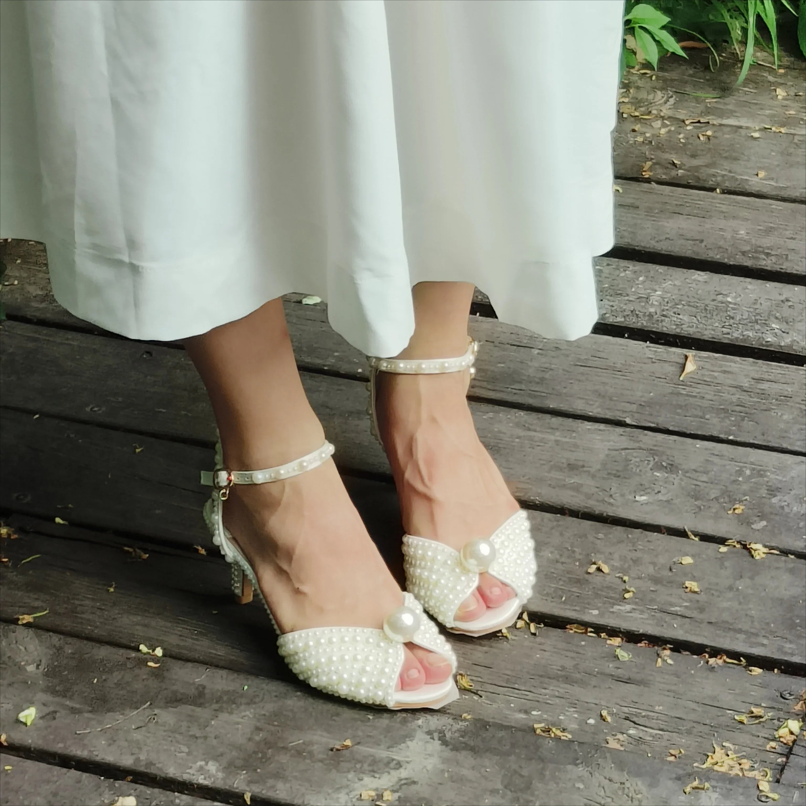 LBSFY  -  White Pearl Heels Sandals Shoes for Women Wedding Party 6cm Ankle Strap 2024