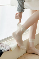 Lbsfy Summer Cool Thin Socks Woman Solid Color Bowknot Lace Glittering and Translucent Low Tube Casual Black White Socks for Women
