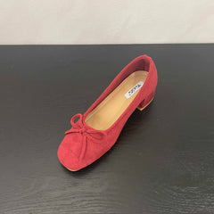 LBSFY -Fashion Elegant Red Ballerinas Women Pumps Slip on Loafers Round Toe Square Heels Bowknot Casual Spring Autumn Low Heel