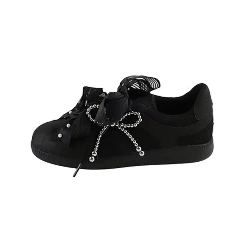 LBSFY -Retro Lace Thick Bottom Pearl Butterfly Knot Casual Sports Shoes Women's Cowhide Version Dequn Shoes Rubber Sole Board Shoes