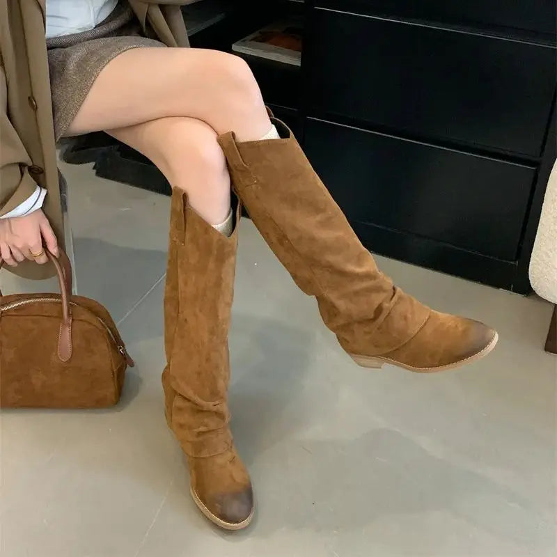 LBSFY  -   Knee High Boots Women Western Cowboy Shoes Block Heel Retro Cowgirl Long Boot