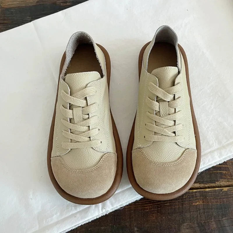 LBSFY  -  New Women's Shoes Flat Bottom Round Toe Flat Shoes Casual Lace Up Ladies Sneakers Mixed Color Soft Sole Beige Vulcanized Shoes