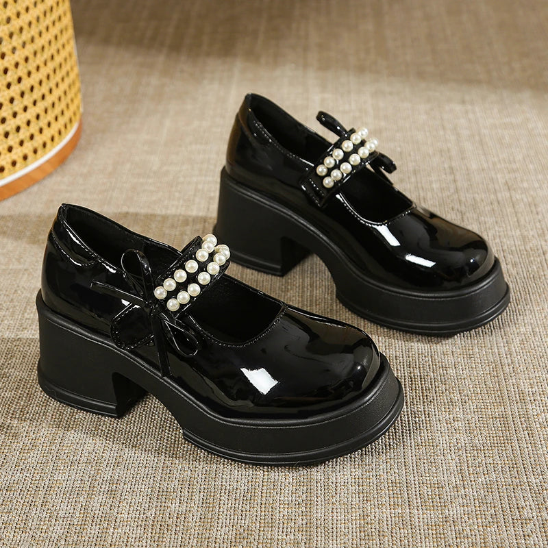 LBSFY -Vintage High Heels Mary Jane Shoes for Women 2025 Patent Leather Platform Pumps Woman Pearls Thick-Heeled Shoes Female