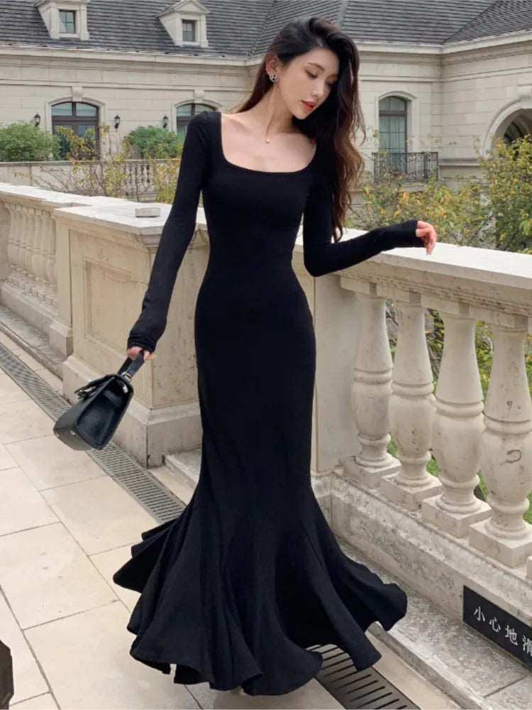 LBSFY -Autumn Sexy Black Mermaid Party Dress for Women Square Collar Long Sleeve Slim Bodycon Vestidos Elegant Streetwear Long Robe