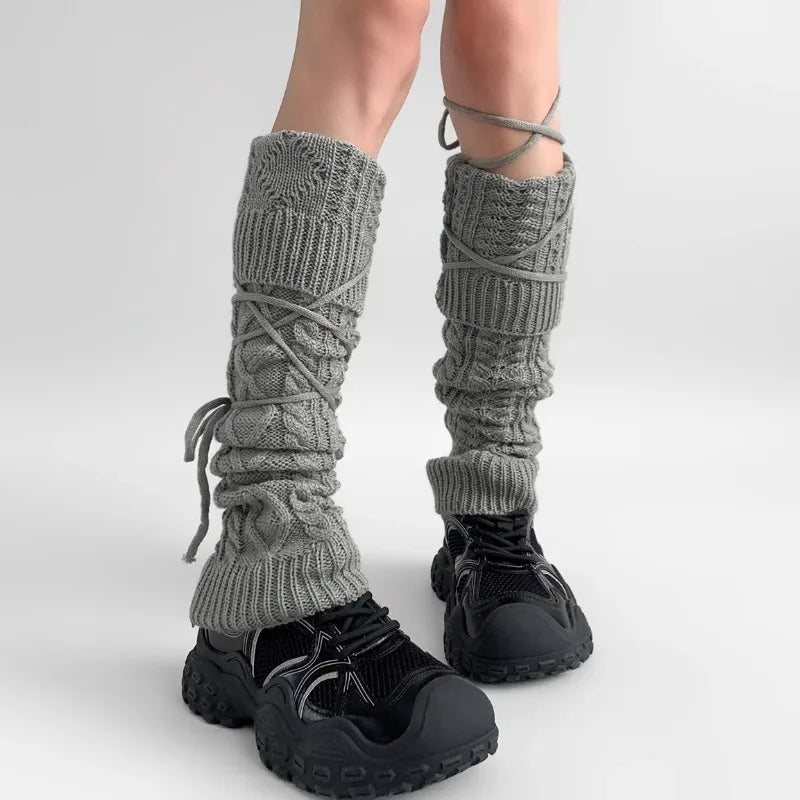 Lbsfy Y2K Lace-up Socks Knitted Wool Leg Warmers Women Winter Warm Thickened Calf Socks Cashmere Harajuku JK Japanese  Leg Covers