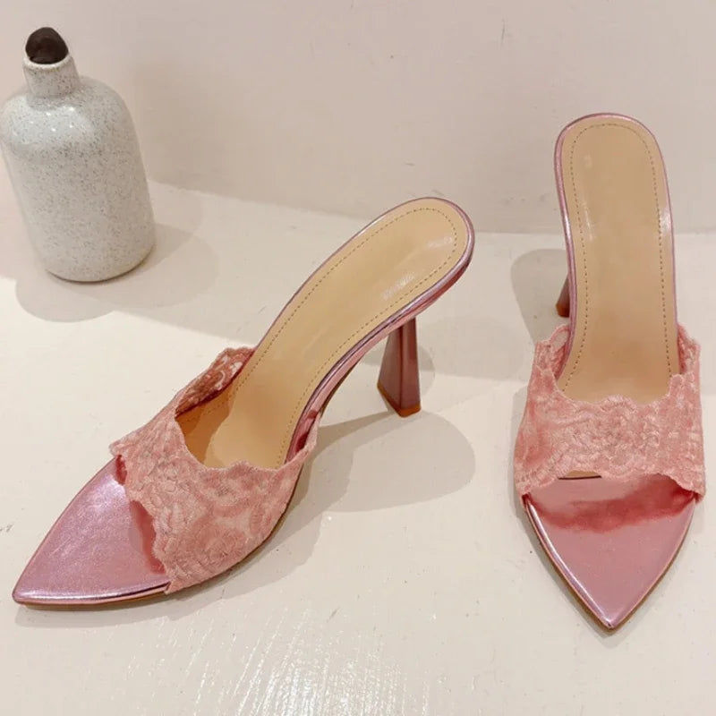 LBSFY  -  Embroidery Designer High Heels Slippers Women Sexy Pointed Toe Party Dress Shoes Summer Elegant Fashion Thin Heels Sandals Women