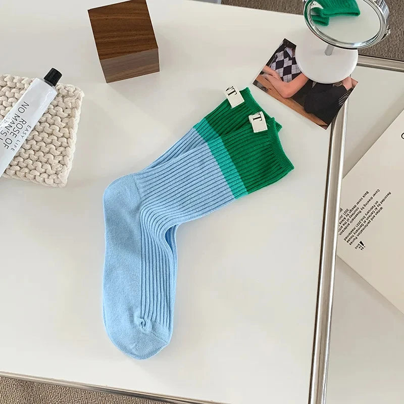 Lbsfy Fashionable and versatile Contrast colored socks women's high top pile up socks Korean version of spring/summer cotton socks