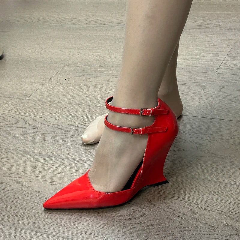 LBSFY  -  Red Pointed Toe Buckle Wedge Sandals Ladies Brand Designer Sexy High Heels Party Dress Pumps Summer Mary Jane Shoes for Women