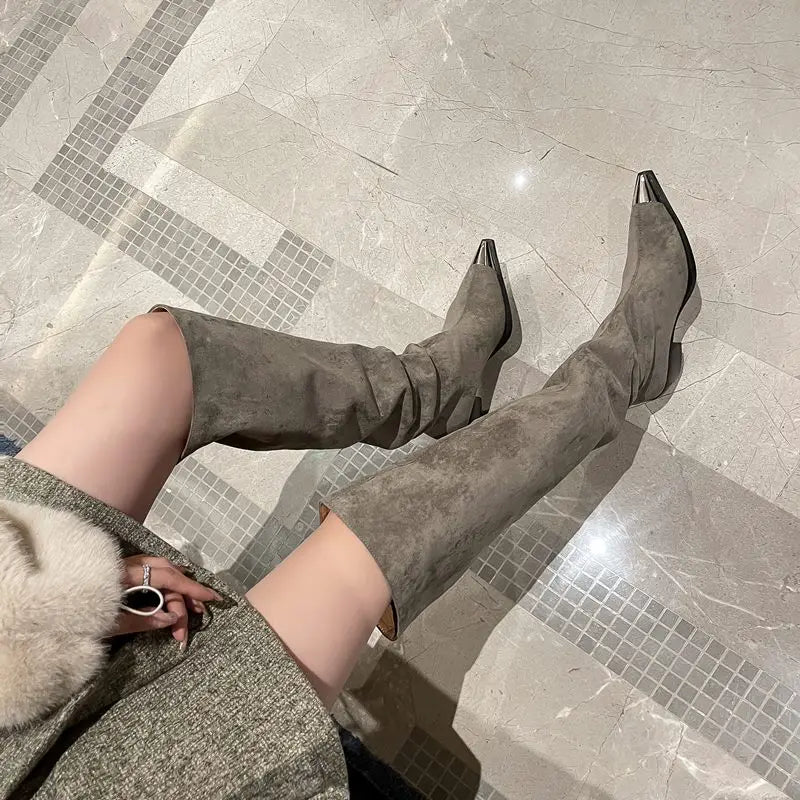LBSFY  -  2024 New Faux Suede Women's Boots Pointed Toe Block Mid Heels Over The Knee Boots Fashion Ladies Thigh Long Boots