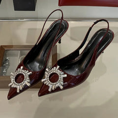 Lbsfy Crystal Buckle Pointed Toe Thin High Heels Women Patent Leather Banquet Dress Shoe Sexy Slingback Sandal Female Zapatos De Mujer