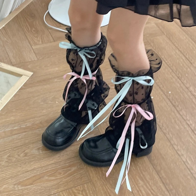 Lbsfy Summer Lace Leg Warmers Fashion Y2K Mid Length Sock Covers Girls Lolita Style Bowknot Sweet Leg Covers Meshes Leg Sleeves Woman