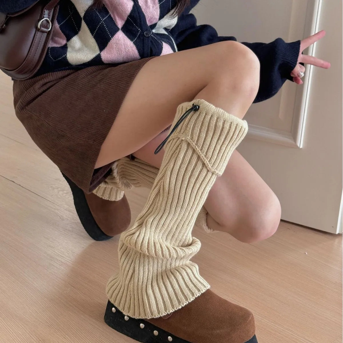 Lbsfy Elastic Drawstring Knitted Leg Socks Winter Warm Jk Leggings Stockings Korea Women Y2K Pile Socks Korea Women Calf Socks