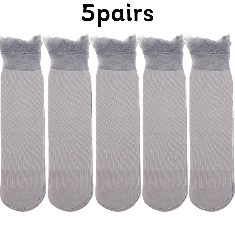 Lbsfy 5Pairs Transparent Lace Frilly Ruffle Socks Women Girls Velvet Ultra-thin Long Sock Summer Harajuku Hollow Out Sox Hosiery