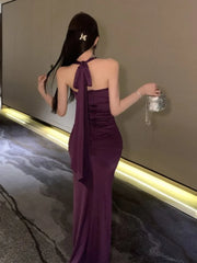 LBSFY -Elegant Sexy Bodycon Evening Party Dress Purple Halter Split Pleated Sling Women's Dresses 2025 Chic New Party Prom Gown Summer