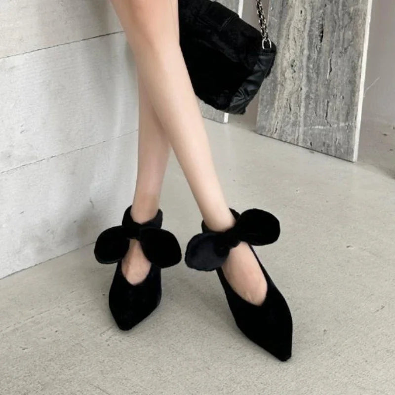 LBSFY  -  Street Style Fluffy High Heels Sexy Pointed Toe Pumps Female Butterfly-knot Fashion Autumn Winter Low Heel Mules Pumps Female