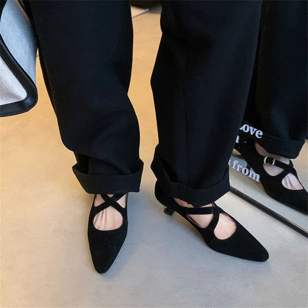 LBSFY  -   Retro Women Suede Leather Pointed Toe Pumps Buckles Spring Summer Party Wedding Shoes Woman High Heeled Prom Pumps
