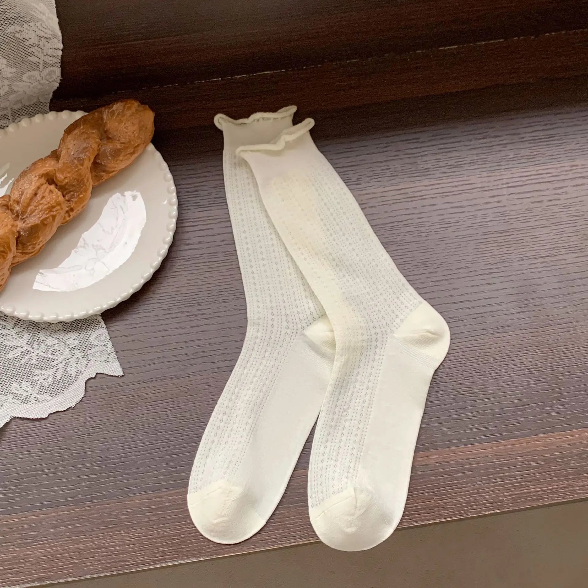 Lbsfy Women's Mid-tube Socks White Socks Summer New Hollow Cotton Cute Argyle Stripe Lolita Thin Lacesocks Breathable  Stockings
