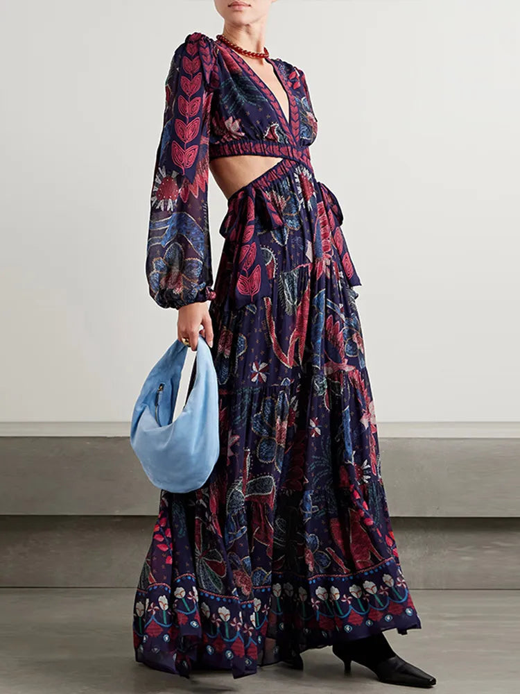 LBSFY  -  Fashion Flower Printed Deep V-neck Women's Dress Elegant Puff Sleeves Lace Up Hollow Out Waist Vestidos New Female Holiday Robes