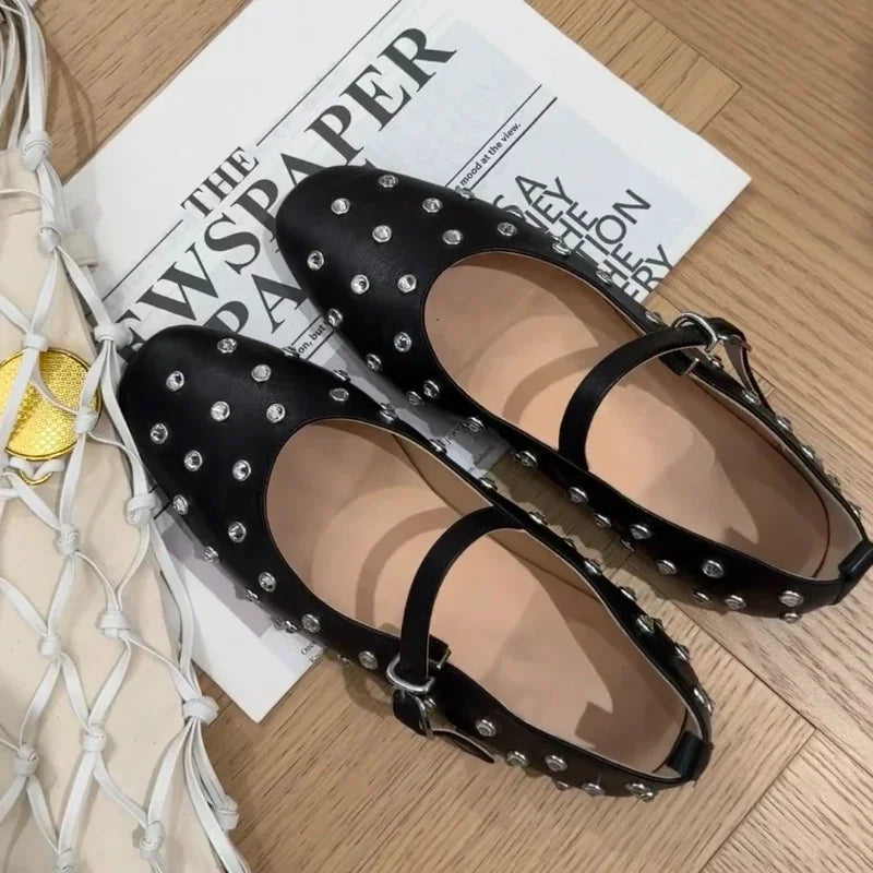 LBSFY  -  Fashionable Diamond Studded Women's Mary Jane Ballet Shoes 2025 Spring Shoes Casual Soft Leather Comfortable Flat Ballet Shoes
