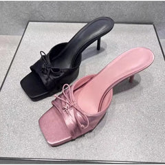 LBSFY -Summer 2025 New Comfortable Low Heel Square Head Sandals Sweet Bow Silk Thick Heel Slippers for Ladies Outwear Blue Slides