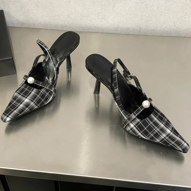 Lbsfy Pointed Toe Retro Plaid High Heels Women Elegant Slingbacks Shoes Women Pumps Sexy Office Fashion Dress Shoes Sandalias De Mujer