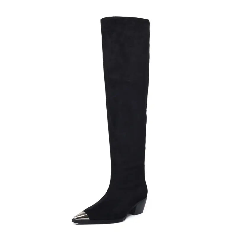 LBSFY  -  2024 New Faux Suede Women's Boots Pointed Toe Block Mid Heels Over The Knee Boots Fashion Ladies Thigh Long Boots