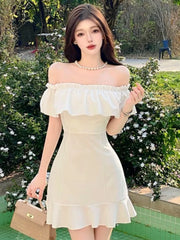 LBSFY -French White Ruffles Women's Short Dress Bodycon Slash-Collar Sexy Sweet Slim Fit Shoulder Party Evening Dresses Summer New 2025