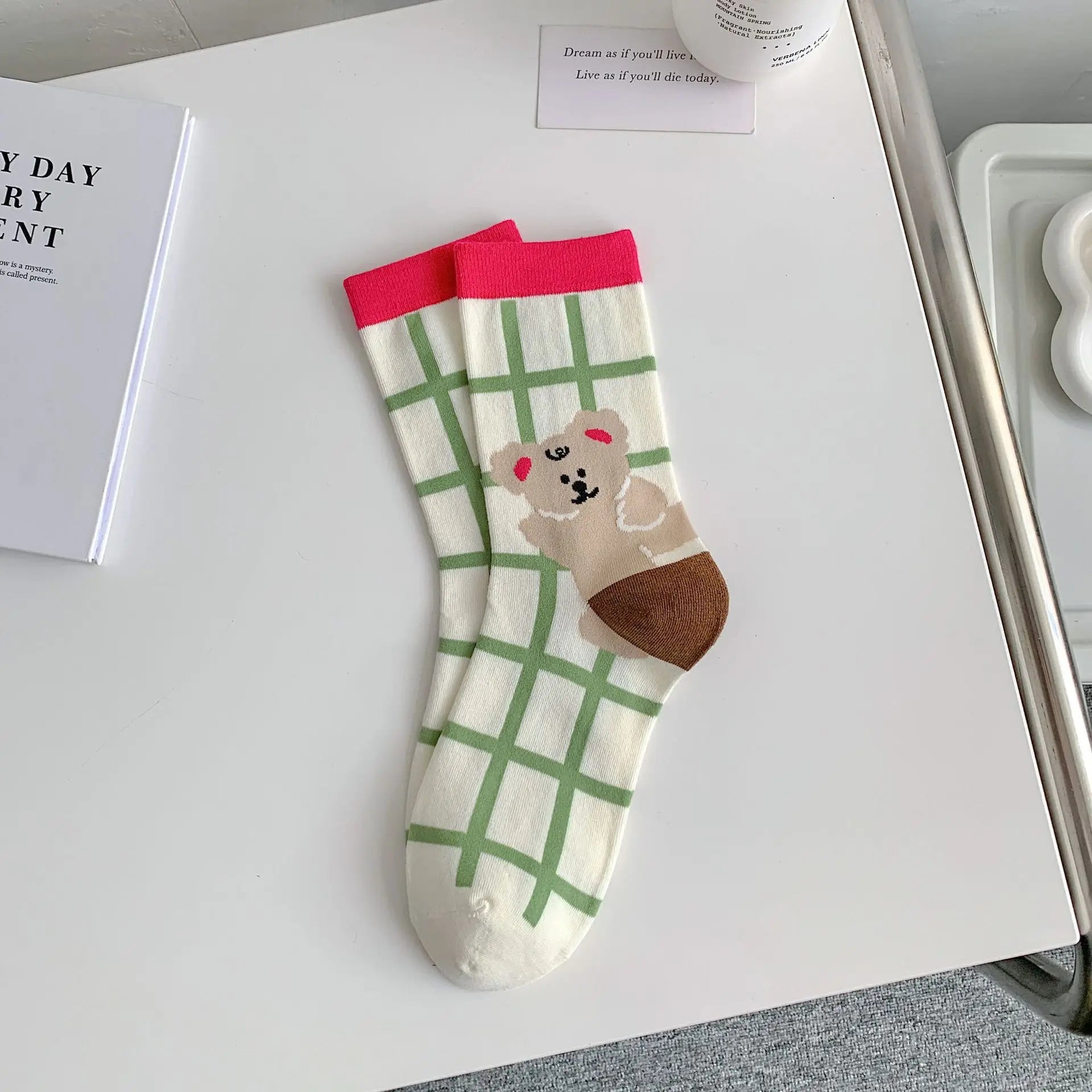 Lbsfy Women Socks Mid-tube Female Graffiti Illustration Stripe Cute Kawaii Harajuku Cartoon Cat Bear Animal Breathable Cotton Socks