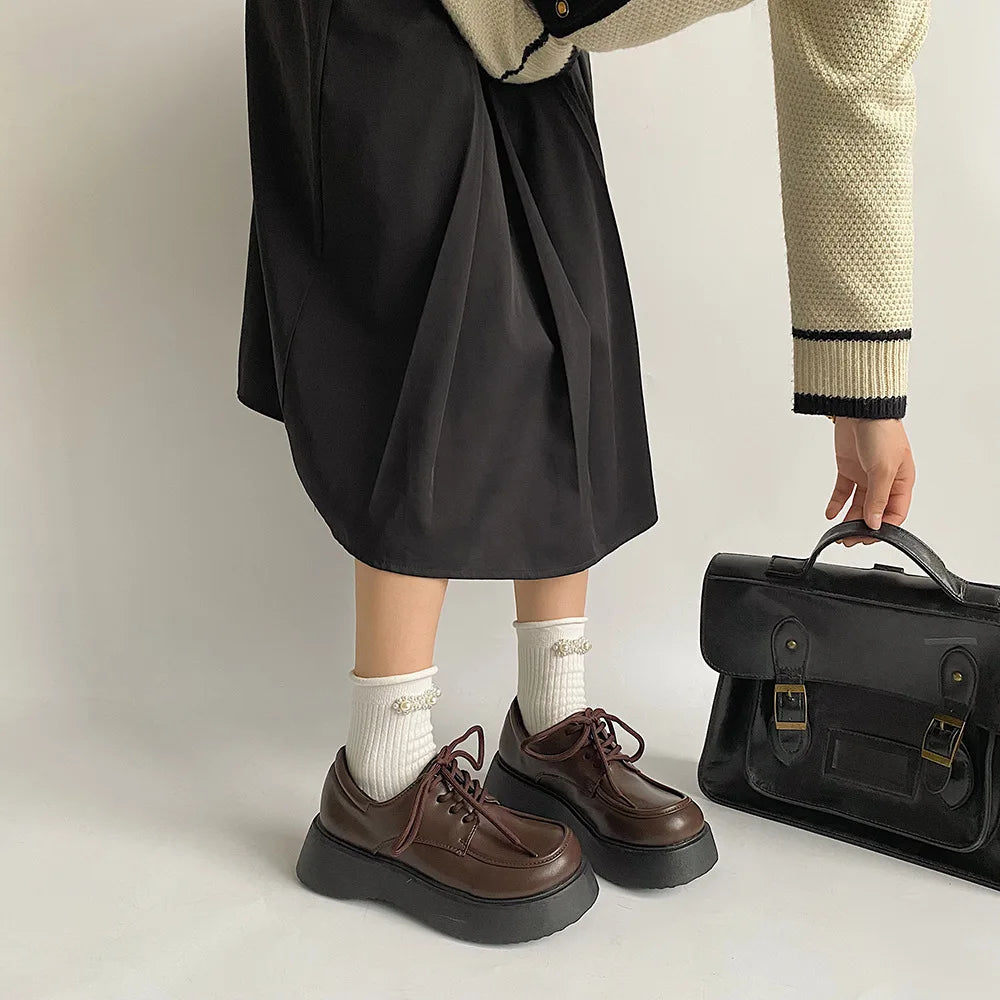 LBSFY -Chunky Pumps Platform Oxfords Shoes for Women 2025 Spring  Lace Up Flats Woman Thick Bottom Patent Leather Gothic Loafers Shoes