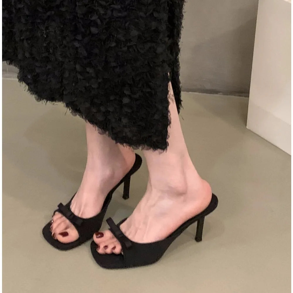 LBSFY -New Women's Slipper Mules Low High Heels Shoes Summer Best Street Look Females Square Head Open Toe Bow Strappy Sandals