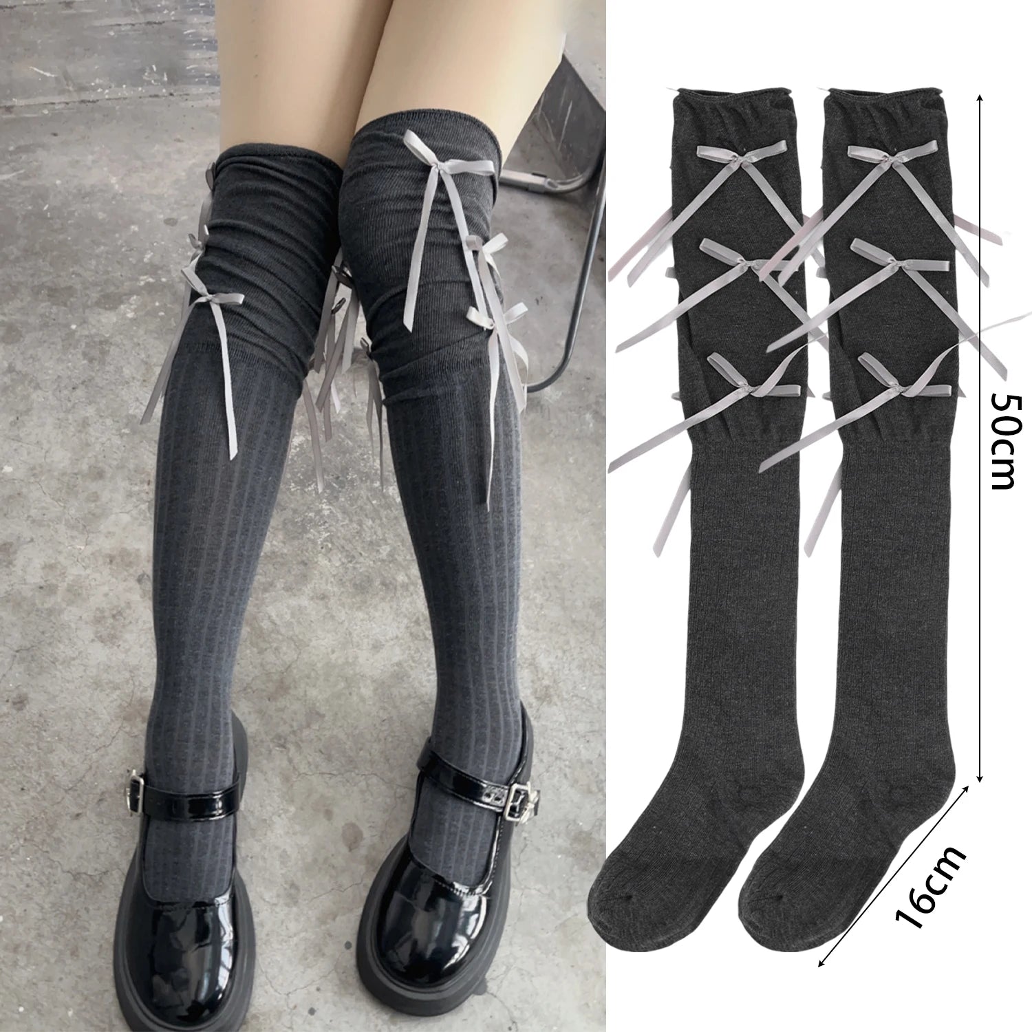 Lbsfy Lolita Long Socks Women Bandage Ribbon Bow Sweet Girls Kawaii Cute Middle Tube Socks Ballet Style Solid Color Black White Socks