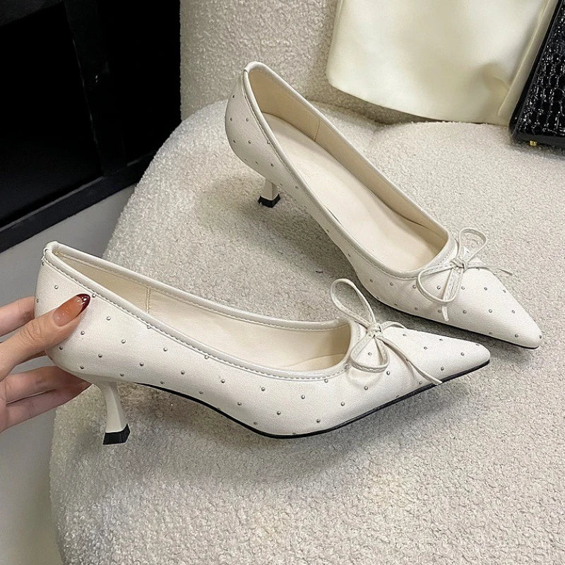 Lbsfy Fashion Elegant High Heels Women Butterfly-knot Pointed Toe Shallow Dress Shoes Comfort Low Heel Office Shoes Zapatos De Mujer