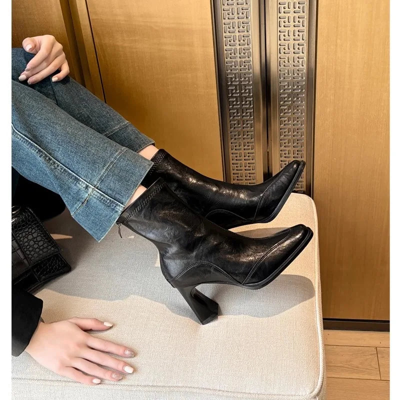 LBSFY -2025 Vintage High Heel Women Ankle Boots Fashion Square Toe Short Booties Autumn Winter Ladies Shoes Botas Mujer